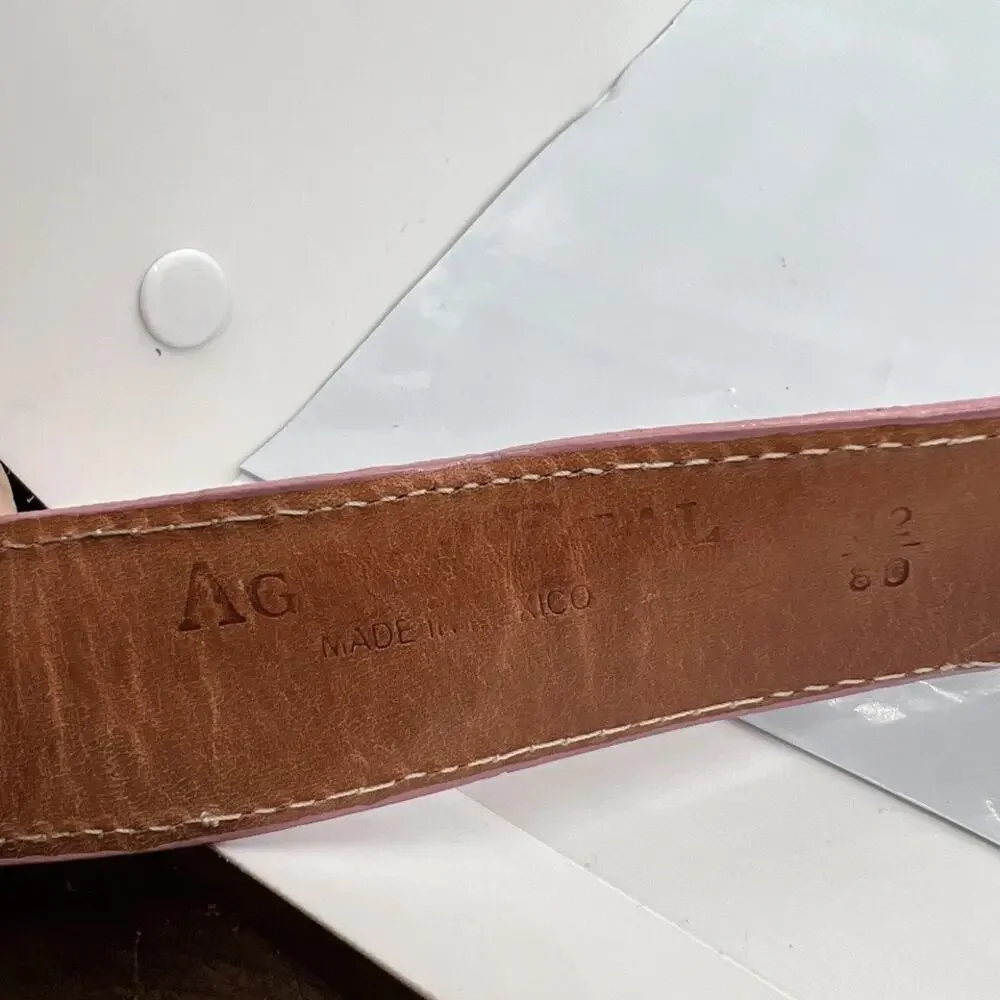 Aguila Real Leather Pink Caiman‎ Tail Embroidered Flowers Belt Rare Size 32